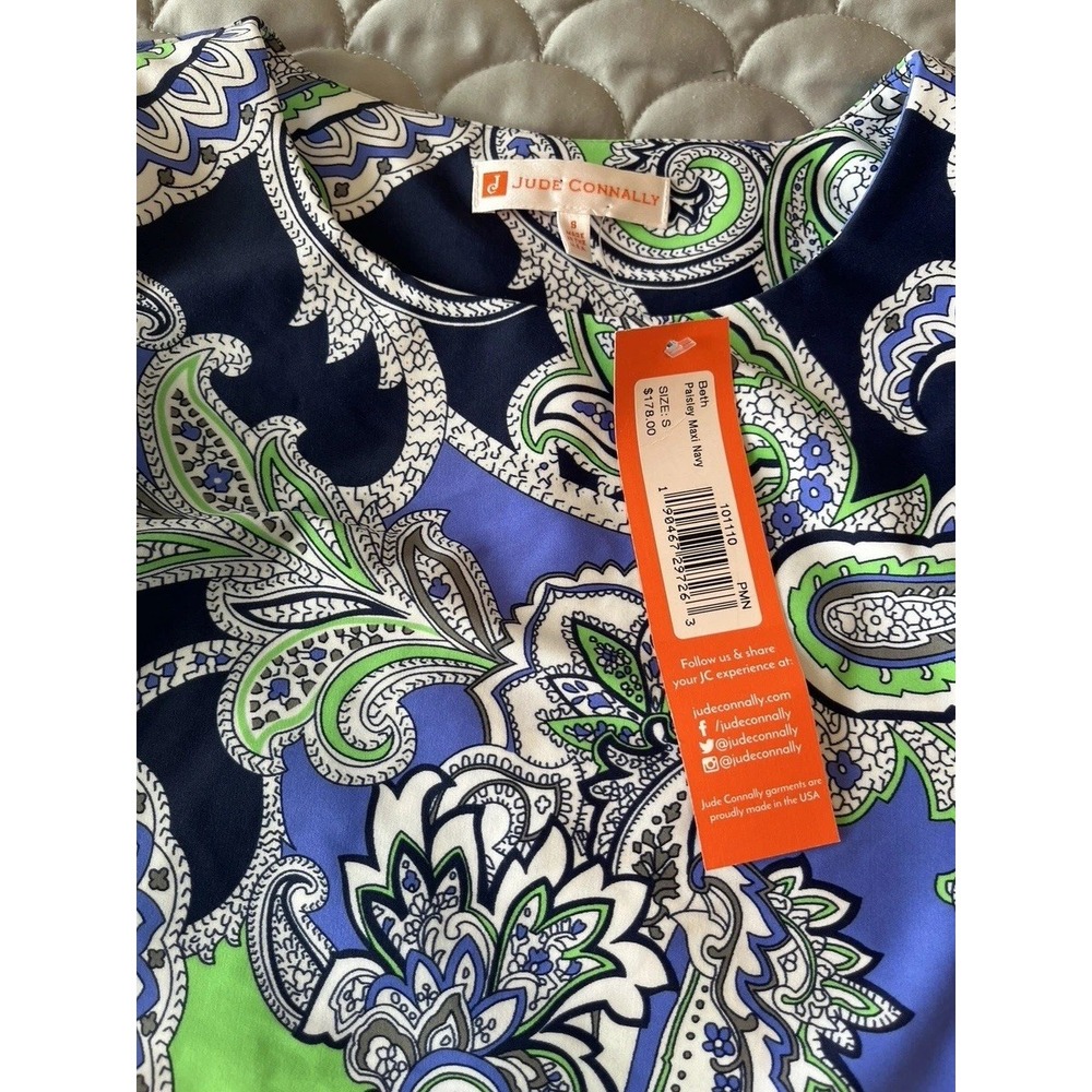 Jude Connally Beth Sleveless Shift Stretch Dress Blue Green Paisley Small Preppy - Picture 3 of 9